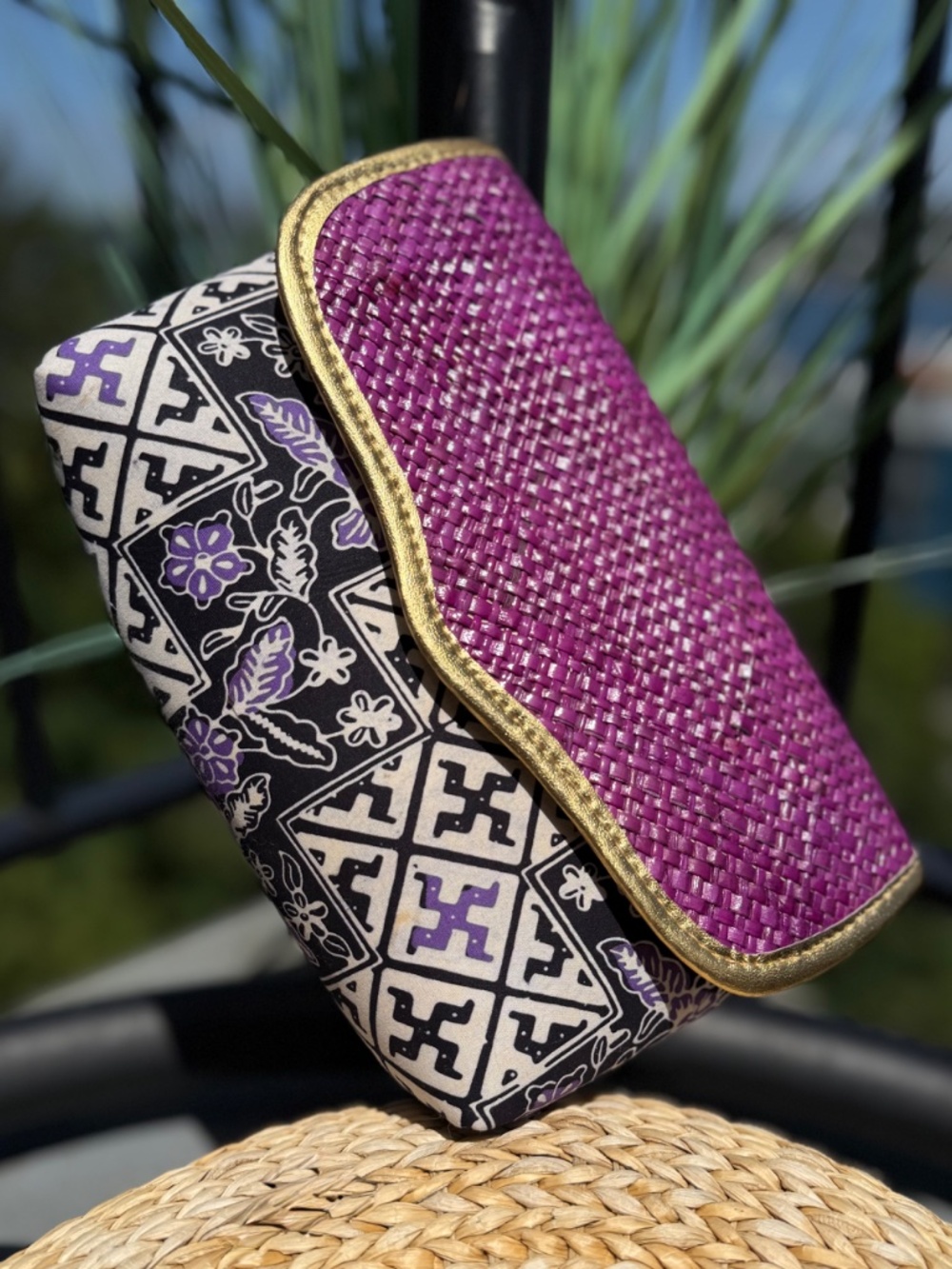 Authentic South-East Asian Artisanal Woven Clutch Bag - Vibrant Purple & Navy